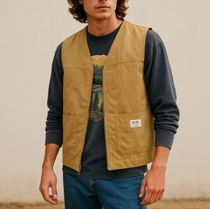 Pacsun Canvas Quilted Workwear Vest Khaki Zip Utility sz S NWT‎